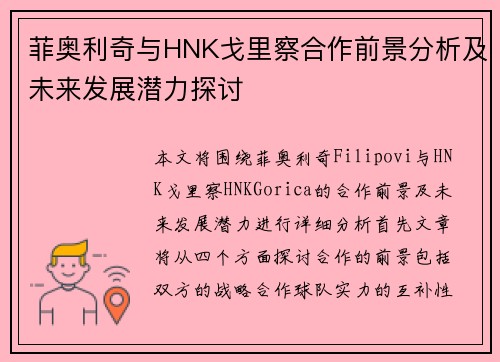 菲奥利奇与HNK戈里察合作前景分析及未来发展潜力探讨
