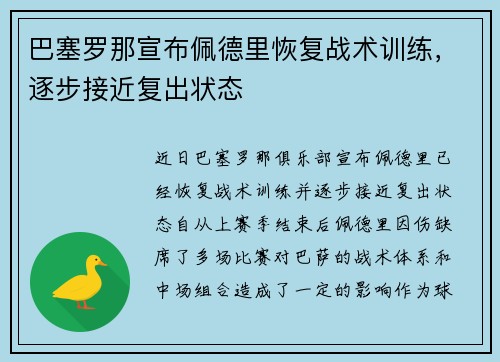 巴塞罗那宣布佩德里恢复战术训练，逐步接近复出状态