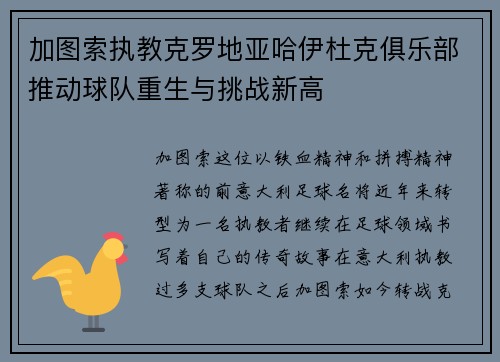加图索执教克罗地亚哈伊杜克俱乐部推动球队重生与挑战新高