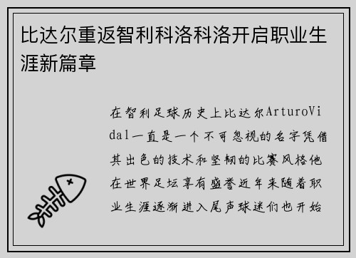 比达尔重返智利科洛科洛开启职业生涯新篇章